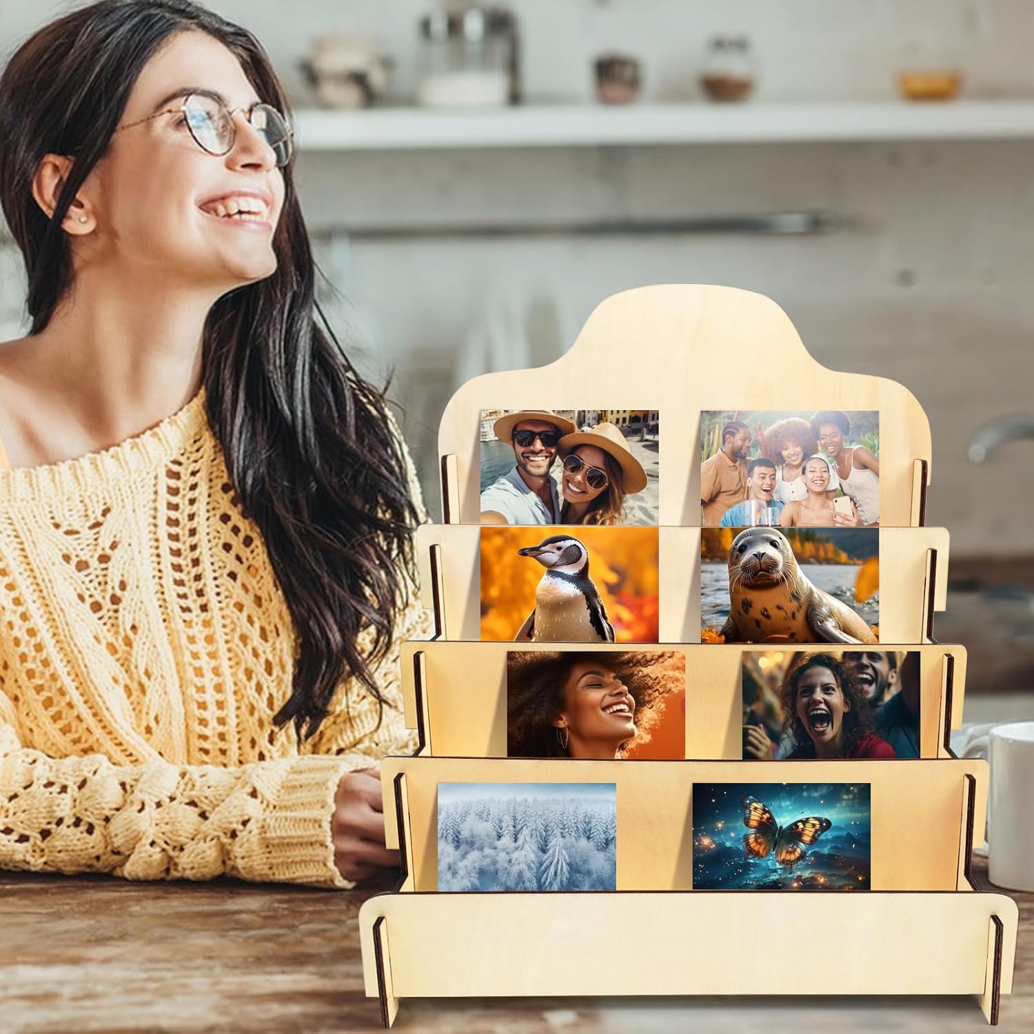 2pcs 4 Tier Greeting Card Display Stands, Durable Wooden Stickers Display Risers, Multipurpose Blank Retail Display Shelves, Card Display Rack for Greeting Card Photos Postcard Counter Vendor Events