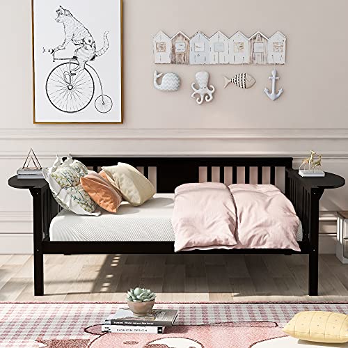 Full Size Daybed with Movable Curved Armrests, Twin Daybed Frame Can Be Converted to Platform Bed, Space-Saving Wooden Daybeds Slats Support, No Box Spring Needed, White