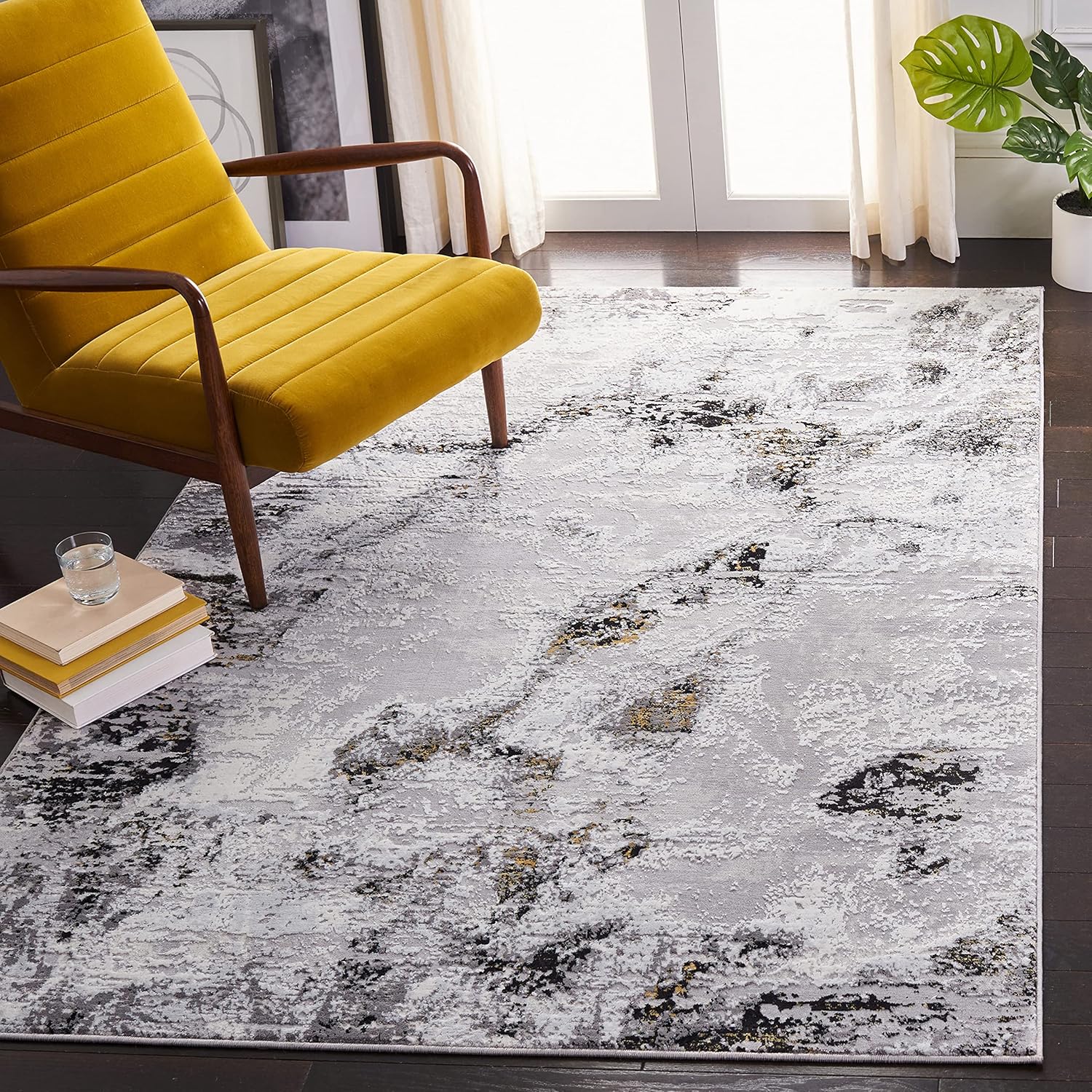 SAFAVIEH Amelia Collection Area Rug - 10' x 14', Grey & Gold, Modern Abstract Design, Non-Shedding & Easy Care, Ideal for High Traffic Areas in Living Room, Bedroom (ALA232F)