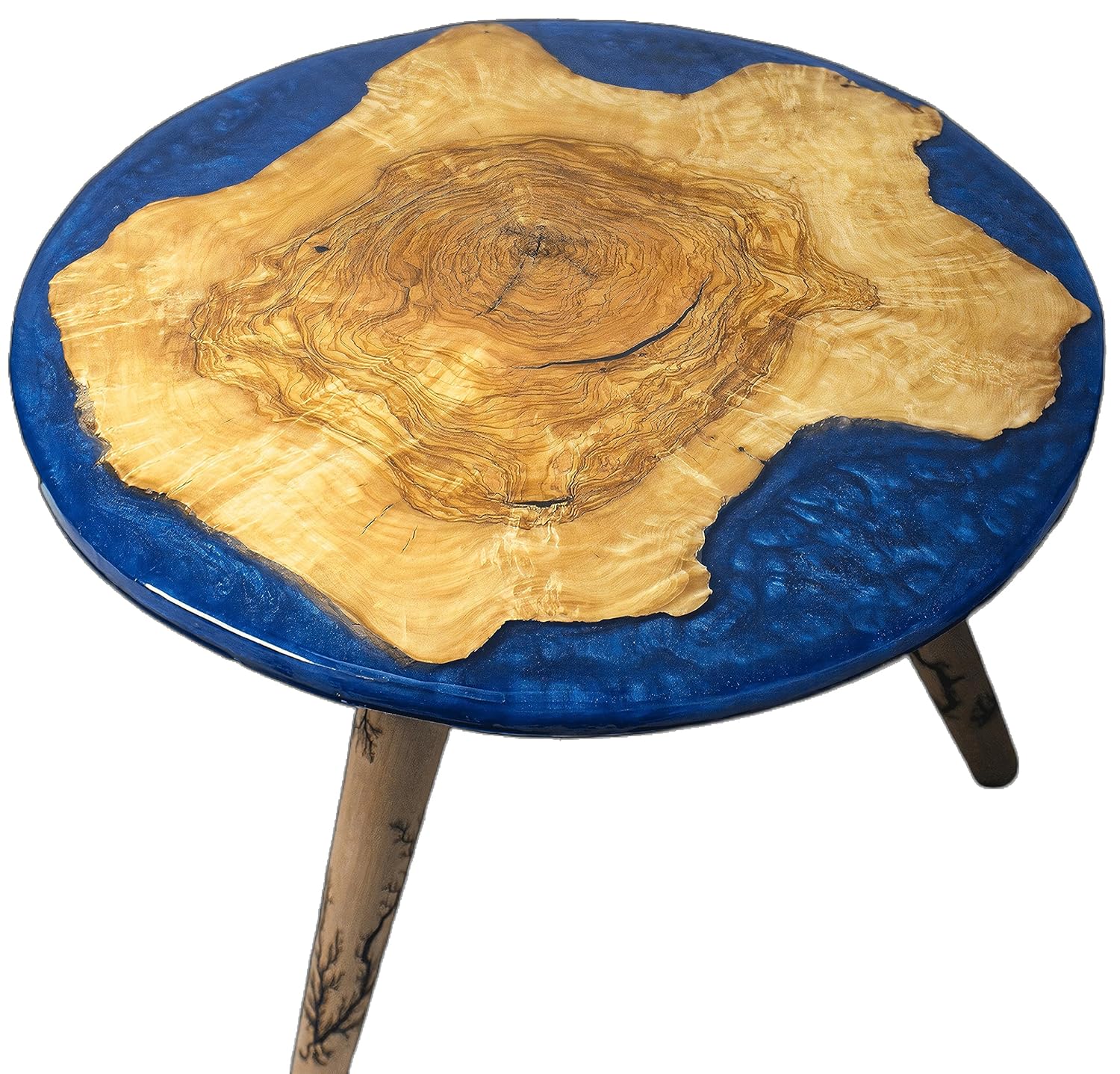 Round epoxy resine and olive wood cookies end table with three round burned beech wood legs