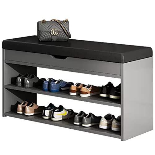 Black Faux Leather Entryway Shoe Organizer Bench | 2 Shelves Storage | Flip-Open Storage Box | Ideal for Hallway, Doorway, Mudroom