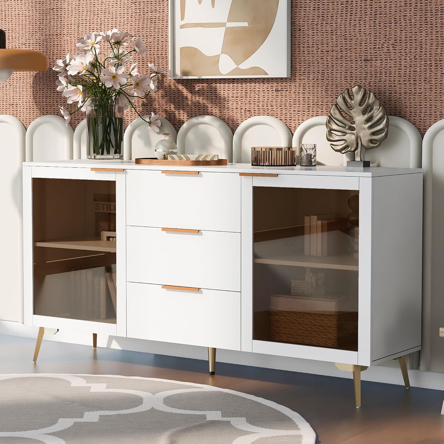 Modern Sideboard Buffet Cabinet with 2 Glass Door,3 Drawers,Narrow Long Storage Cabinet,Accent Cabinet,63” Multifunctional Console Cabinet,Buffet Server,Console Table,Cupboard,Bookcase