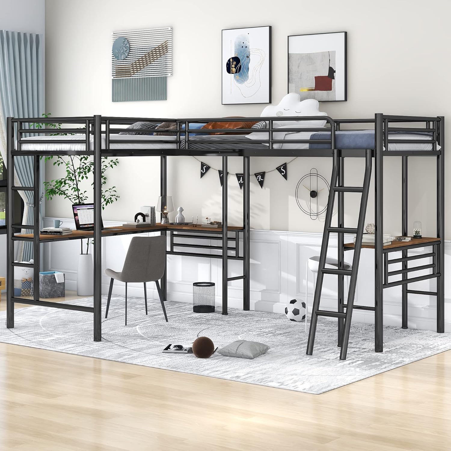 L-Shaped Metal Loft Bed for 2 Kids, 2 Loft Bed with 2 Desk, Twin Size Corner Loft Bed for Small Room(Black)