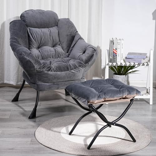 Modern Cotton Fabric Lazy Chair with Ottoman, Accent Contemporary Lounge Single Leisure Upholstered Sofa Chair Set with Armrests and a Side Pocket for Living Room & Bedroom (Dark Brown)