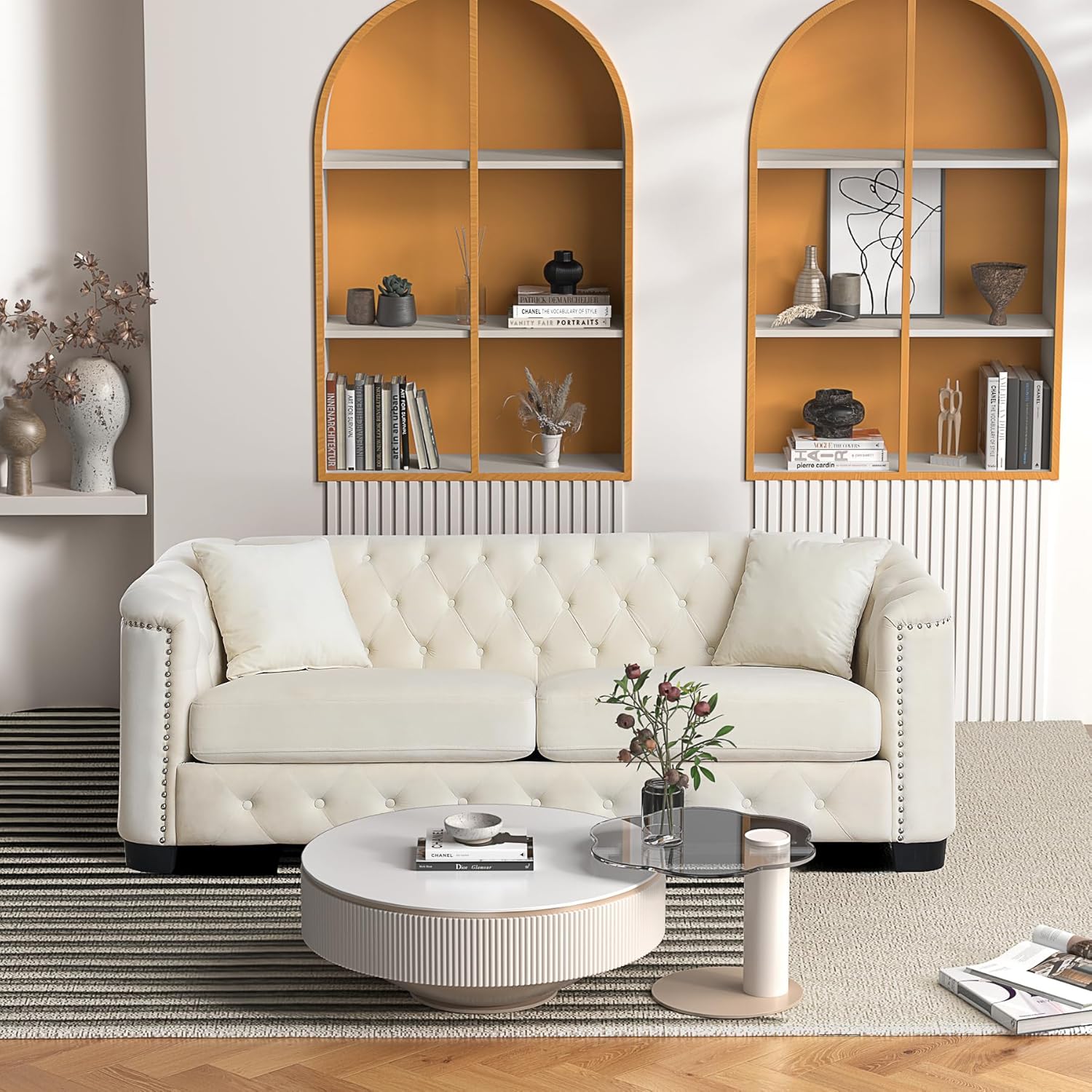 77 Inch Sofa Couch, Modern Velour Upholstered Couch Tufted Velvet Casual Sofa High Nailhead Arms Decor with 2 Pillows Big Comfy Couch Sofas for Living Room,3-Seater Couch,Beige