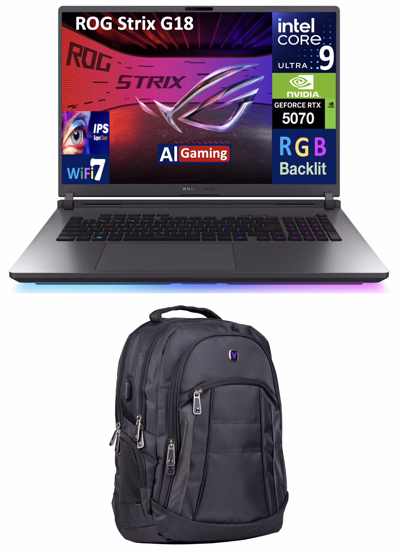 ASUS ROG Strix AI Gaming Laptop 18in 240Hz IPS WQXGA Display (Intel Ultra 9- 275HX, NVIDIA GeForce RTX 5070 8GB, 64GB DDR5, 4TB PCIe SSD, RGB KB, Thunderbolt 4, WiFi 7, Win 11 Pro) w/Premium Backpack