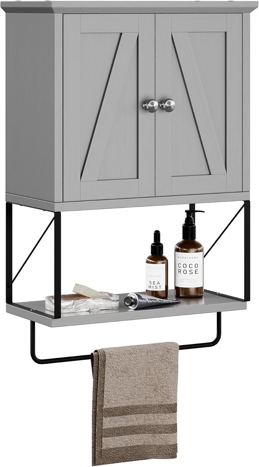 Shintenchi Wall Bathroom Cabinet, Medicine Cabinet with Removable Towel Bar, Wall Mounted Storage Cabinet with Adjustable Shelf, 3-Tier Small Toilet Cabinet, Gray
