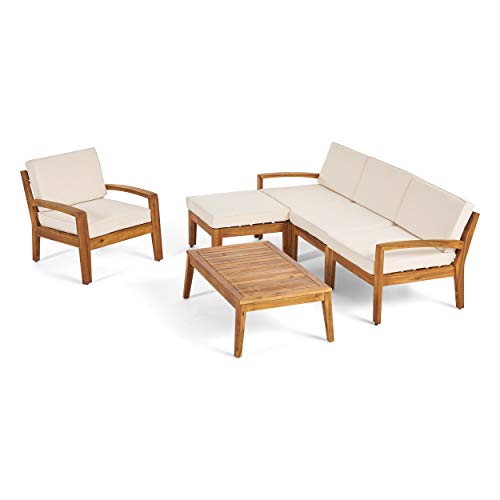 GDFStudio 4-Seater Sectional Sofa Set for Patio with Club Chair, Ottoman, and Coffee Table, Acacia Wood, Gray Finish with Red Outdoor Cushions