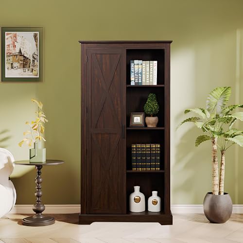 roomfitters Farmhouse Tall Kitchen Pantry, Large Wood Kitchen Storage Cabinets, China Cabinet with Barn Doors, Rustic Wood Cupboard for Dining Room, Organizer, Drawer for Bathroom, Espresso