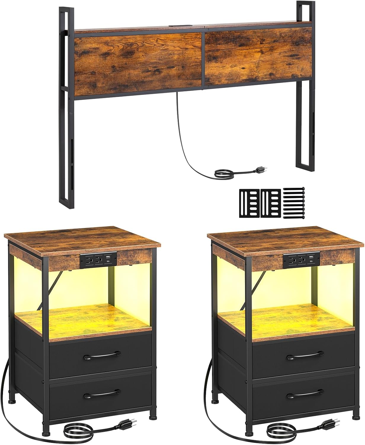 Metal and Wood Headboard with Charging Station,Night Stand with Charging Station