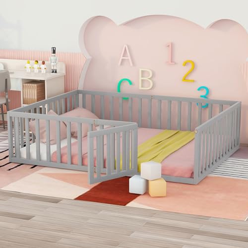 LLS Full Size Floor Bed for Children, Durable Montessori Floor Bed with Safety Fence & Small Door, Wood Floor Bed Frame for Girls Boys and Teens, Natural (No Bed Slats)