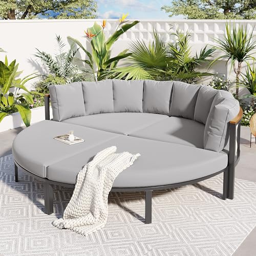 Patio Furniture Set, 4 Piece Round Outdoor Conversation Set All Weather Metal Sectional Sofa with Cushions Furniture Sets for Patio, Lawn & Garden