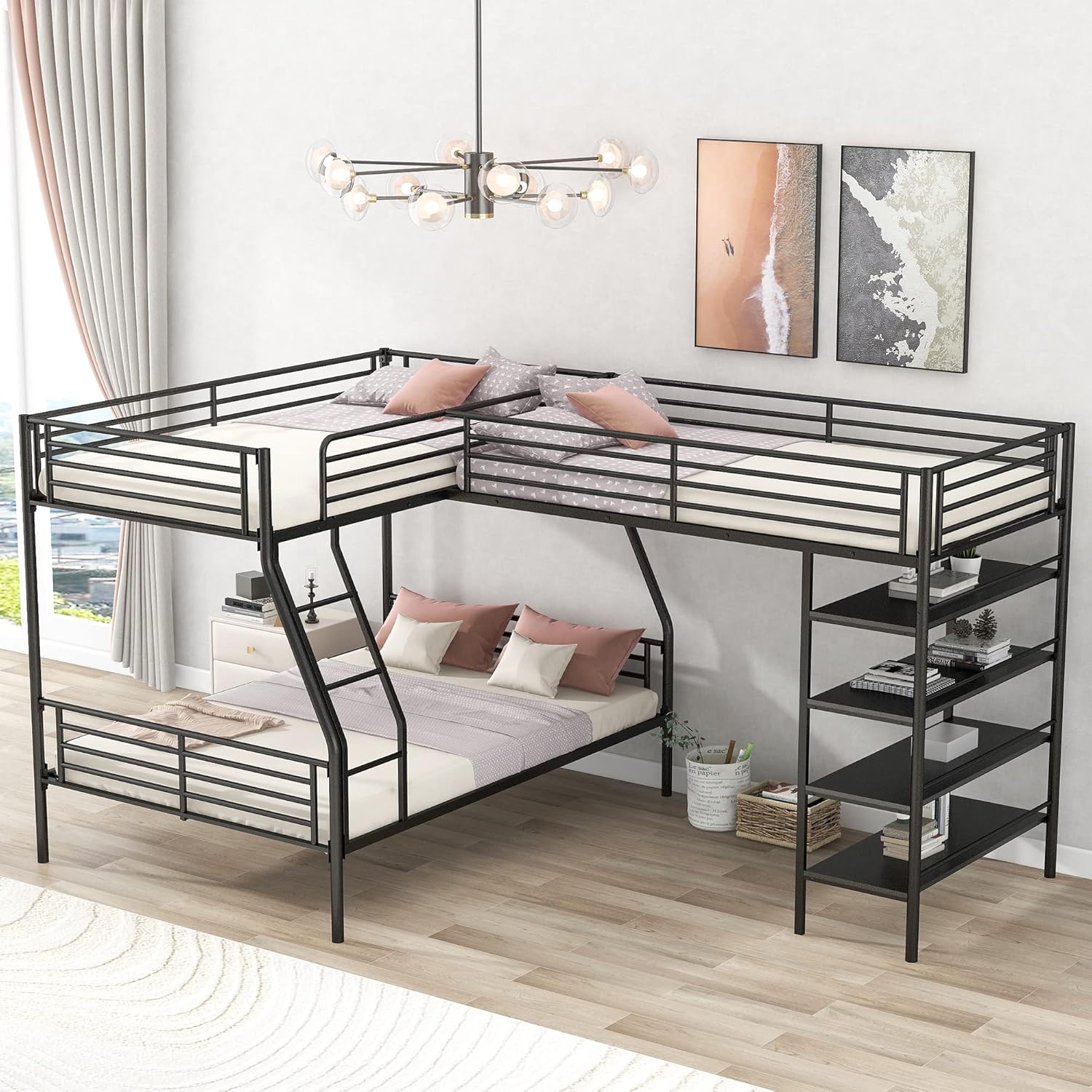 Metal L-Shaped Bunk Bed,Triple Bunk Beds for Kids,L-Shaped Metal Twin Over Full Bunk Bed and Twin Size Loft Bed with Four Built-in Shelves,for Three Kids Teens Boys Girls,Black