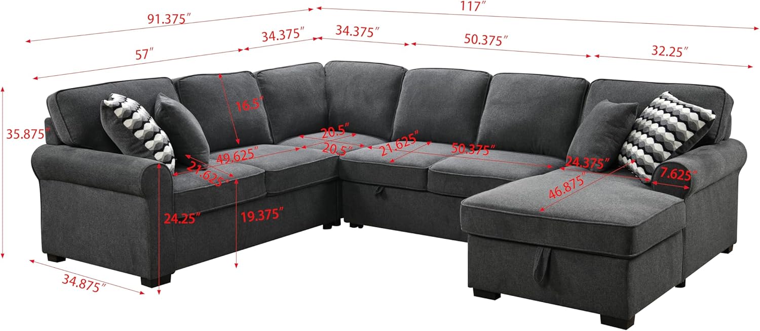 Oversized Sectional Sofa with Storage Chaise, Rolled Arms U Shaped Couch,Removable Soft Backrest Cushions,with 4 Throw Pillows for Large Space Home, Living Room,Dark Gray,117