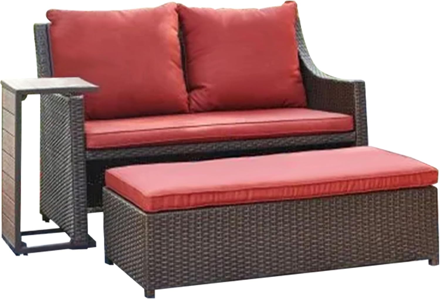 Redington All-Weather Chic 3 Piece Outdoor Patio Seating Furniture Set with Cushioned Loveseat, Side Table, and Ottoman, Red