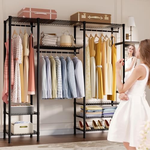 Portable Closet Wardrobe with Foldable Mirror,Heavy Duty Clothes Rack,L Shaped Wire Garment Rack,Freestanding Clothing Rack with 9 Shelves, Adjustable 78
