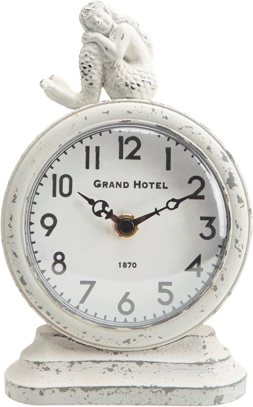 NIKKY HOME Vintage Silent Non-Ticking Table Clock, Mermaid Shelf Desk Top Clock Battery Operated Rustic Design, Beach Home Decor for Living Room Mantel Desktop Countertop, Distressed White