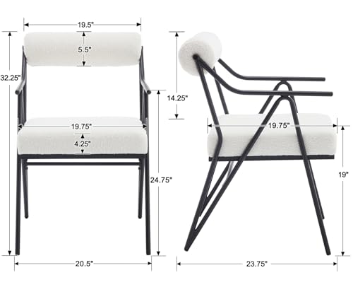 Modern Dining Chairs Set of 2, White Sherpa Upholstred Side Arm Chairs Mid-Century Open Back Kitchen Chairs Black Metal Legs for Kitchen Dining Room