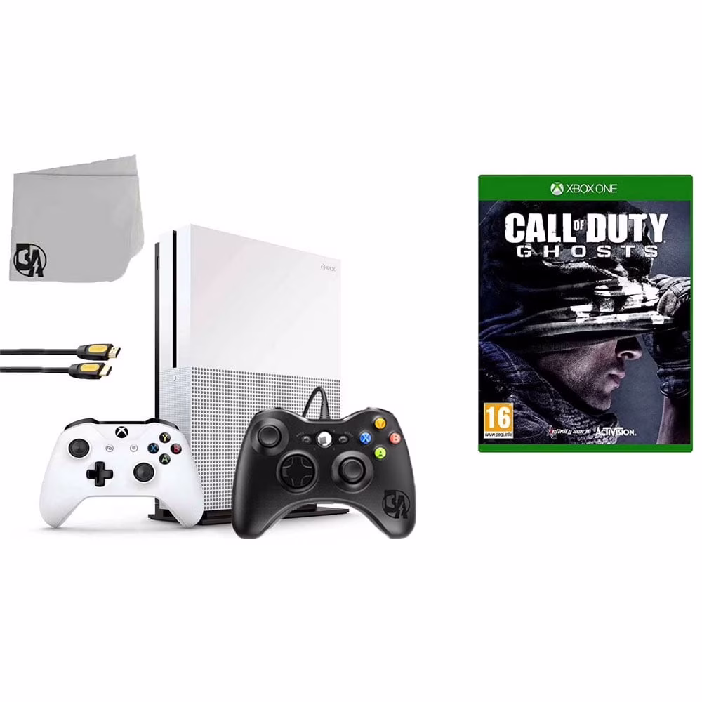 Pre-Owned Microsoft Xbox One S 500GB Gaming Console White 2 Controller Included with Call of Duty- Ghosts BOLT AXTION Bundle Used