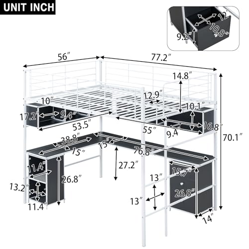 Metal Full Size Loft Bed with Two Parts Storage Bookcase,L -Shaped Desk,Open Cabinet and 3 Drawers,Full Loft Bed Frame Built-in Ladder with for Small Room,Dormitory(White)