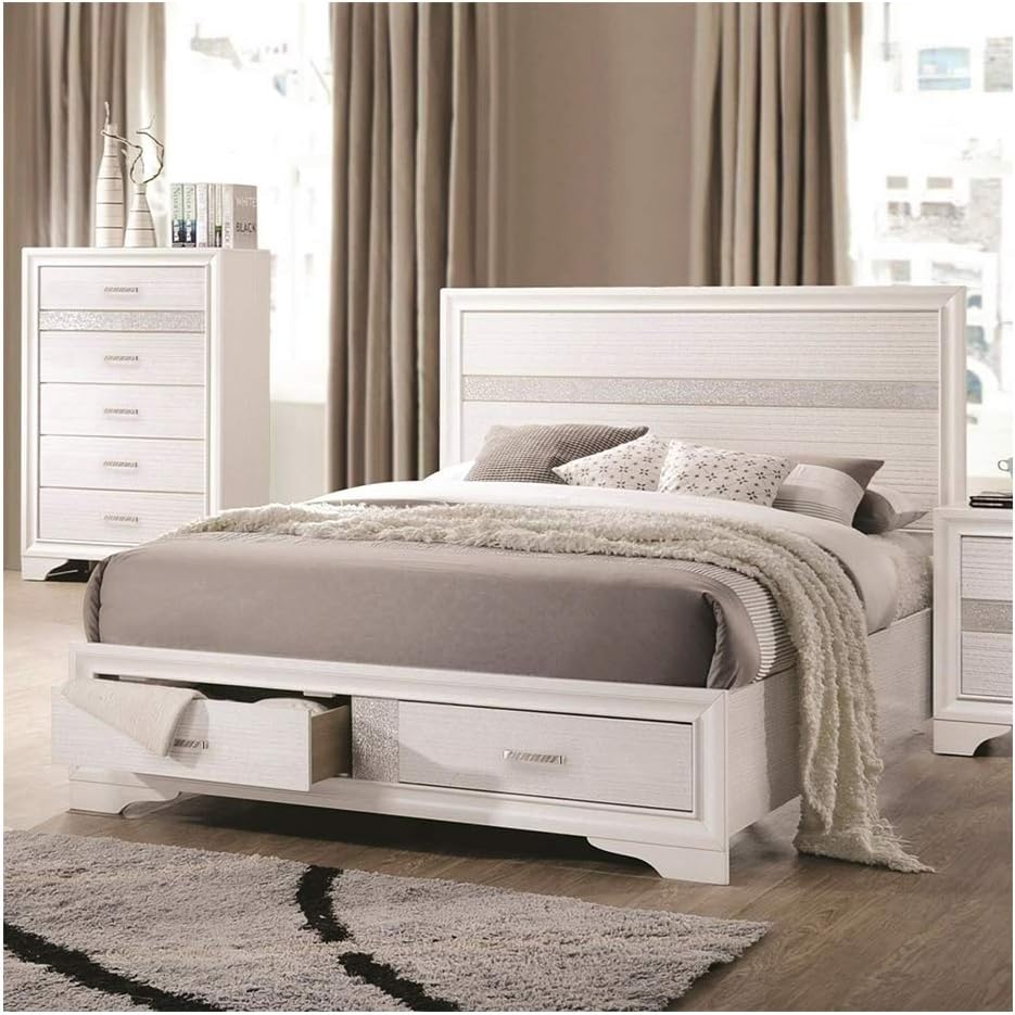 White Asian Hardwood and 3D Paper Foil Veneer Queen Size Storage Bed Bedroom Furniture Modern Footboard 83.75L x 63.5