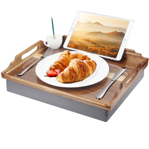 Lap Desk with Cushion,Wooden Bed Tray Table for Eating,Lap Tray in Recliner,Breakfast Tray,TV Dinner Bed Food Trays (Acacia Wood 1)