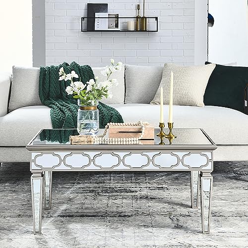 LUMISOL Glass Mirrored Coffee Table with Crystal Design, Modern Rectangle Silver Table with Adjustable Height Legs for Living Room, Silver