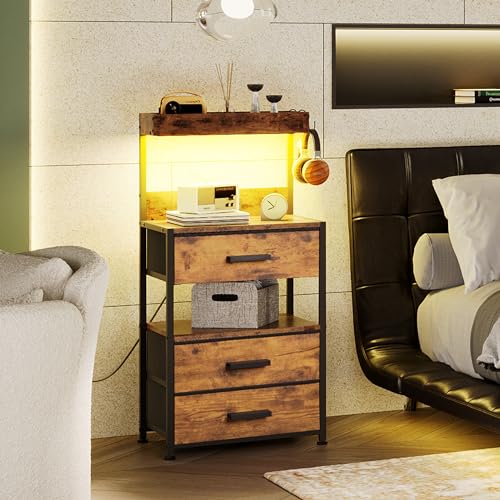 Nightstand 3 Drawer Dresser with LED Lights and Charging Station, Vertical Side Table with Fabric Drawers, End Table, Bedside Table and Dresser for Bedroom, Hallway, Entryway (White)