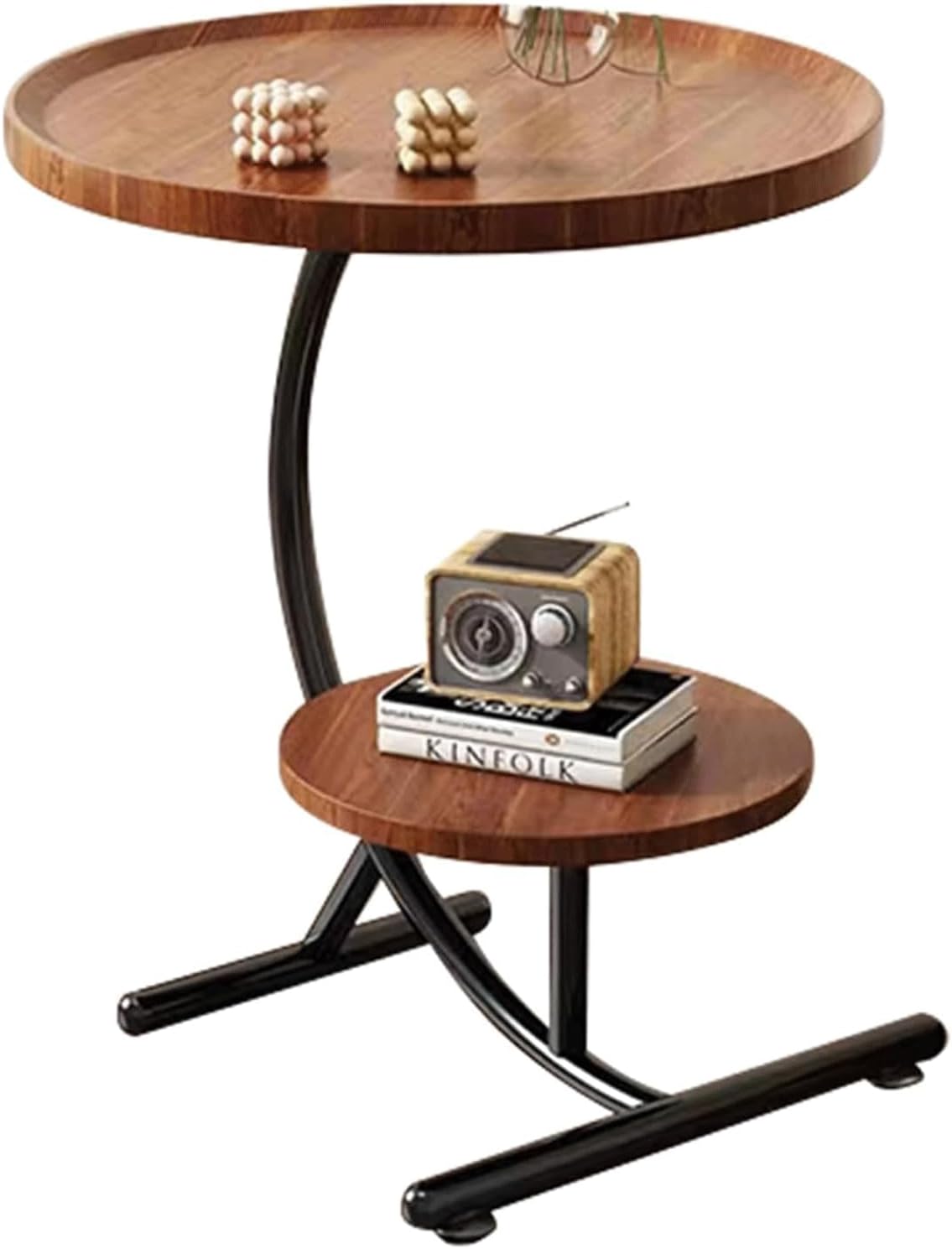 Small end Table 2 Layers End Table Small Round Wooden Coffee Table Walnut Side Table for Living Room Corner Sofa Side Table Stable Structure