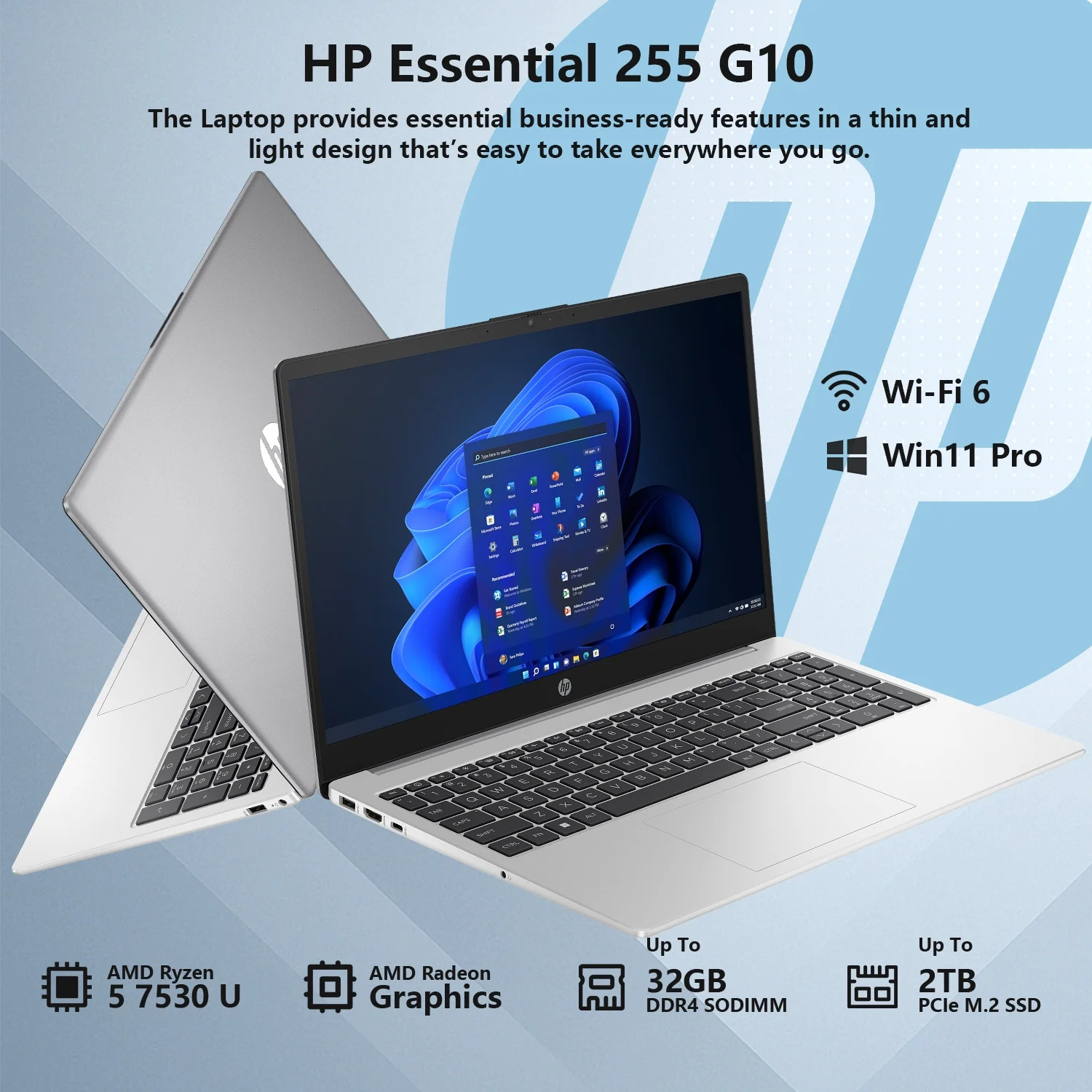 "HP Essential 255 G8 Laptop, 15.6"" FHD, AMD Ryzen 5 5500U, 32GB RAM, 1TB SSD, Wi-Fi 6, Windows 11 Pro, Gray"