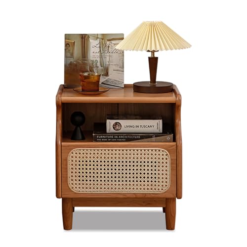 Modern Rattan Nightstand Set of 2, Cherry Wood End Table with Premium Imported Rattan & Hand-Sanded Edges (2)