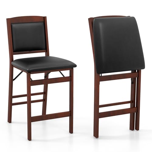 COSTWAY Set of 4 Counter Height Chairs, 24.5” Folding Kitchen Island Stool with Rubber Wood Legs, Footrest, Padded Seat & Backrest, No Assembly Needed, Portable Bar Stools Set for Dining Room Home (4)