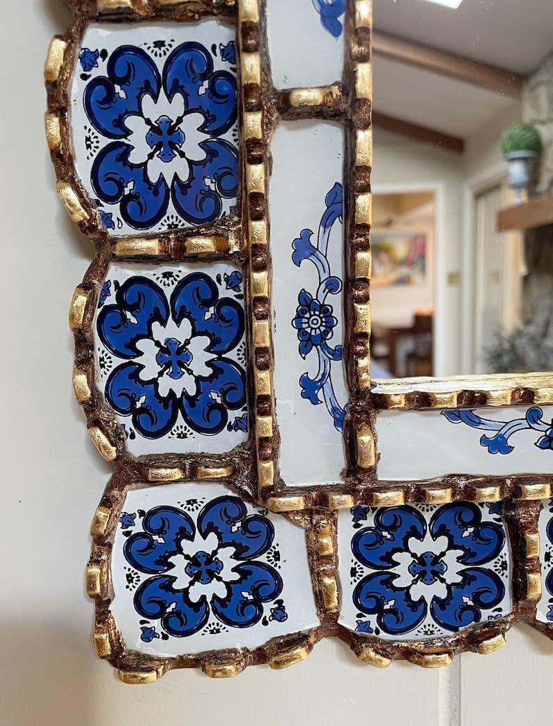 Arched Mirror, Stained Glass Mirror, Blue and White Tile Design Decorative Mirror, Bohemian Mirror