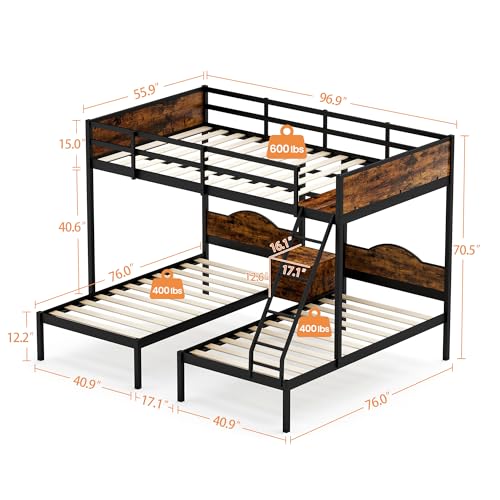 Triple Bed Twin-Over-Twin-Over-Twin Bed L Shaped Bunk Bed with 2 Drawers and 2 Ladders for Kids/Teens, No Box Spring Needed
