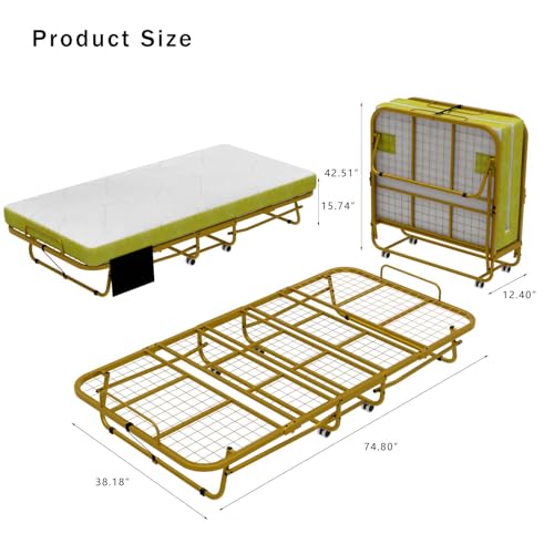 Folding Bed with Mattress, 75x38 Twin Size Steel Frame Base, Memory Foam, Portable Foldable Roll Away Adult Bed with Lockable Wheels, Easy Assembly & Moving, Space-Saving (WhiteWhite)