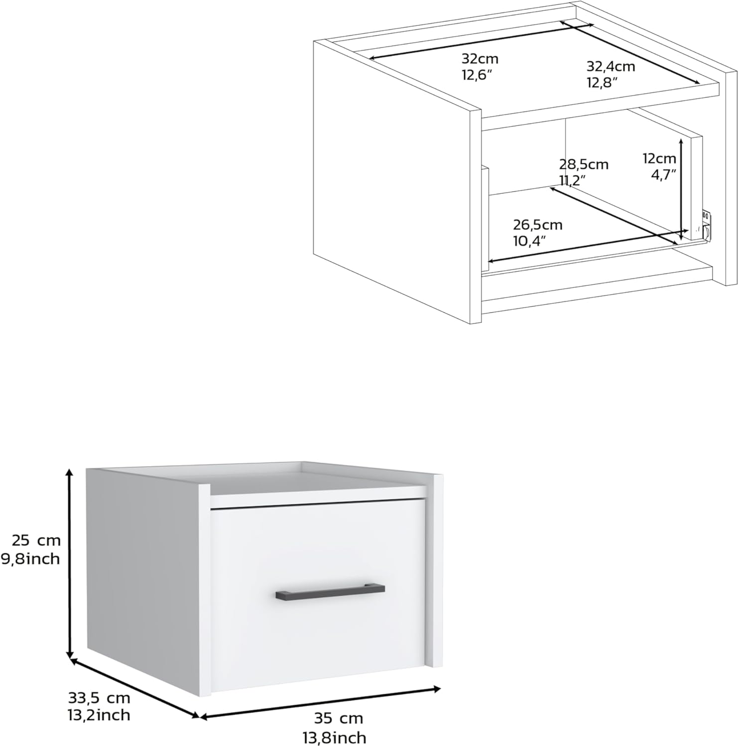 White Modern Floating Nightstand, Space-Saving Design with Convenient Drawer and Black pull Handle