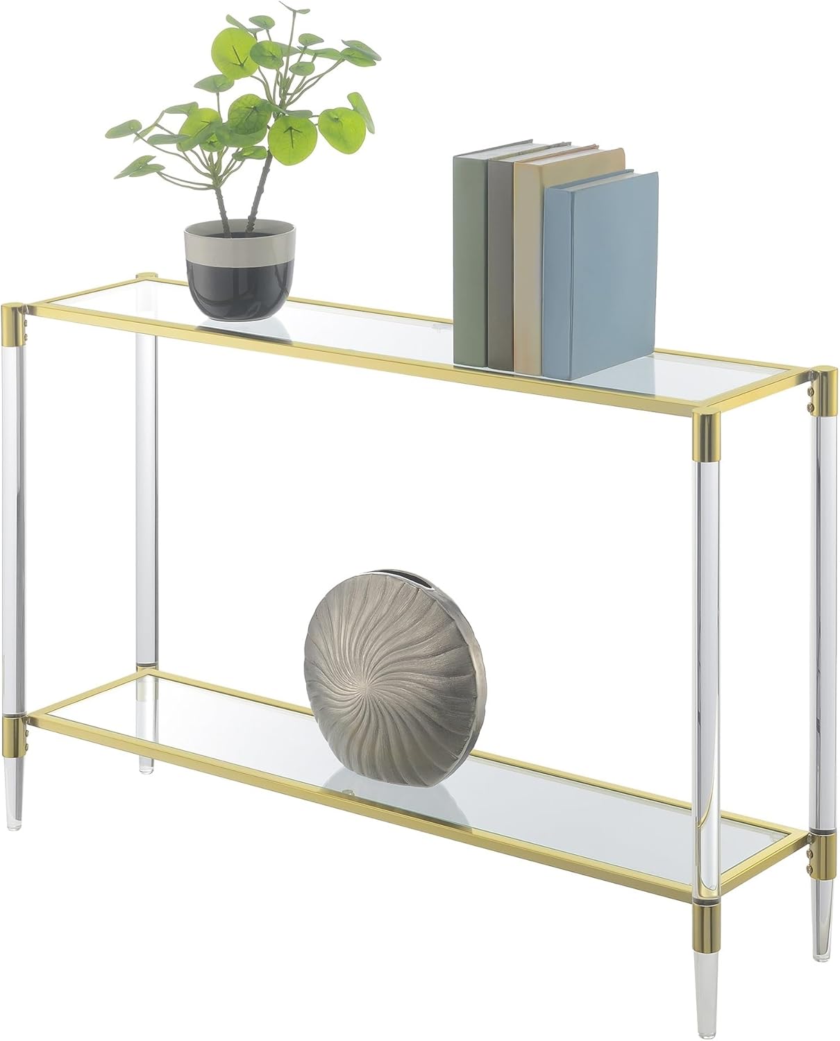 Yadlio Royal Crest 2 Tier Acrylic Glass Console Table - Contemporary Style, Clear Tempered Glass Shelves, Acrylic Legs & Gold Chrome Frames - Luxurious Addition for Home Decor