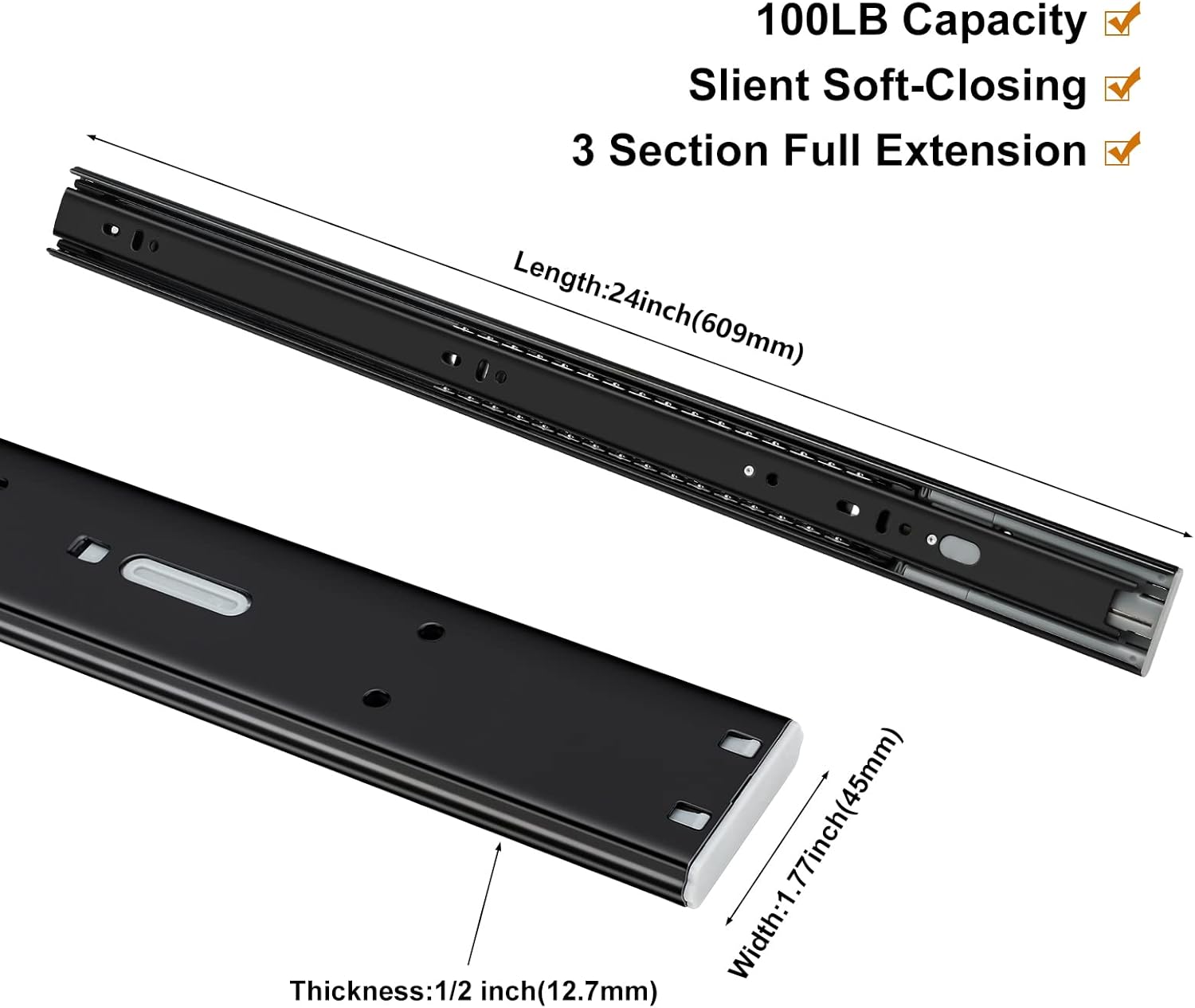 LONTAN Soft Close Drawer Slides 24 Inch Drawer Slides Black 10 Pairs - Heavy Duty Drawer Slides Ball Bearing Drawer Slides 3 Section Full Extension Slides for Drawer, 100LB Capacity