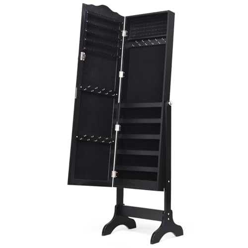 Giantex Jewelry Armoire Organizer with Full Length Mirror, 14 LEDs Floor Standing Jewelry Cabinet with 2 Drawers, 4 Adjustable Angles, Lockable Jewelry Storage Box Cabinet (Brown)