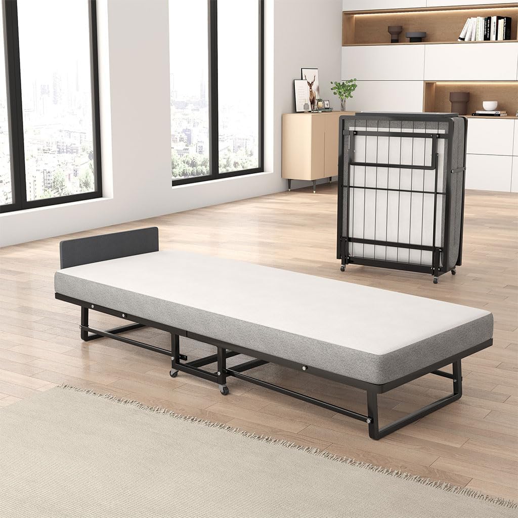 Folding Bed with Mattress - Single Size Portable Foldable Roll Away Adult Bed with 4 Lockable Wheels and Metal Frame Space Saving Fold Up Bed for Easy Storage