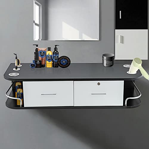 VEVOR Black Wall Mount Styling Station Classic Locking 2 Drawers Storage Beauty Salon Equipment 5 Hair Dryer Holes Locking Cabinet for Beauty Salon or SPA, Barber Shop, Home & Bathroom