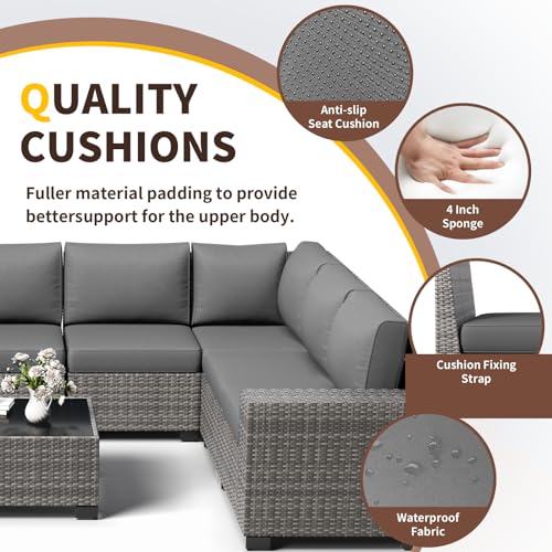 UDPATIO Outdoor Patio Furniture Set, Wide Outdoor Sectional Rattan Sofa Set, Wicker Patio Conversation Set w/Cover for Deck, Poolside, Porch, 6 PC (Brown & Grey)