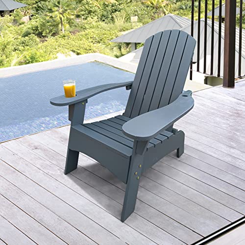Wood Adirondack Chair Weather Resistant with Cup Holder, Fire Pit Chairs with Umbrella Hole, Outdoor Patio Chairs with Backrest ＆ Wide Armrest for Garden Backyard Lawn Deck Porch(Black)