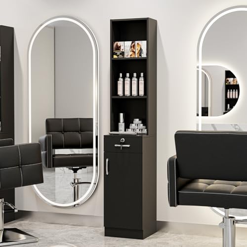 Wall Mount Beauty Salon Storage Station,Barber Shelf Stations Hair Styling Spa Equipment Storage Cabinets with Door, Drawer and Shelves,Black