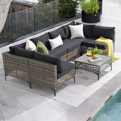 Patiorama 7 Piece Wicker Patio Furniture Set, Metal-Colored PE Rattan Outdoor Conversation Set Sectional Sofa with Water Resistant Cushion and Glass Table, Outdoor Couch, Porch, Backyard-Denim Blue
