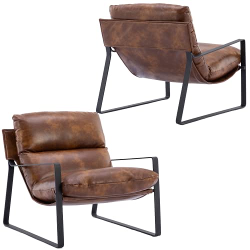 LukeAlon Modern PU Leather Accent Armchairs Set of 2, Upholstered Living Room Chairs with Metal Base Thickened Cushion Sofa Chairs Comfy Lounge Chair for Bedroom Living Room, Brown