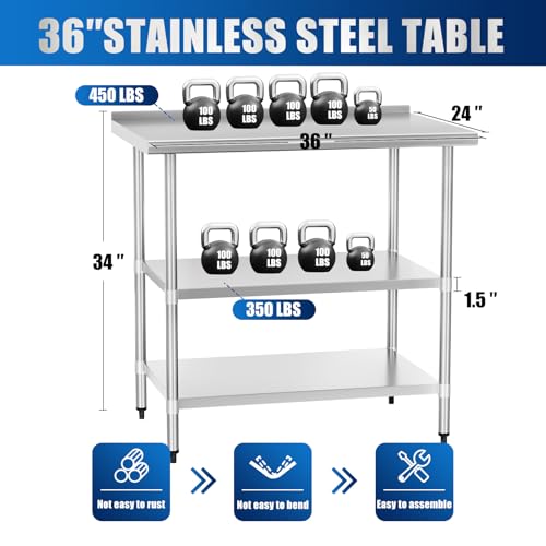 Stainless Steel Table 24 x 30 Inches Metal Prep Table with Backsplash & Adjustable Undershelf, Stainless Table for Commercial Kitchen, Outdoor, Restaurant, Hotel & Garage
