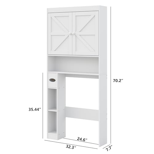 Over The Toilet Storage Cabinet with Barn Doors, 32.3''W Free Standing Toilet Storage Shelf Space Saver with Adjustable Bottom Bar, White