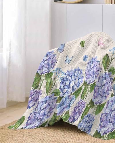 Floral Blue Cover Couch Covers for 3-4 Cushion Couch Throw Couch Cover with Tassel Soft Slipcover Summer Country Hydrangea Flowers on Burlap White Couch Furniture Protector for Dog Pet 71