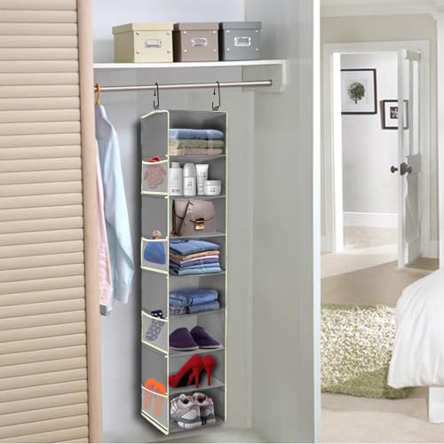 2 Pack Large-Sized Hanging Shoe Organizer 8-Shelf, Hanging Closet Organizer with 8 Side Pockets, Wider Hanging Shelves for Storage Shoes Clothes 9